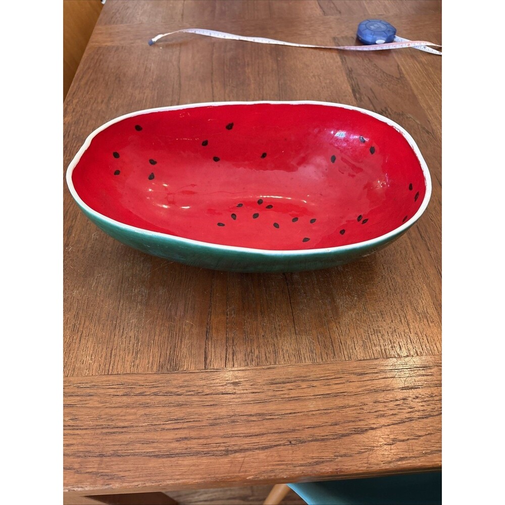 VINTAGE Zebra Handmade Ceramic Watermelon Oval Bowl Red/Black/White 12" x 8"